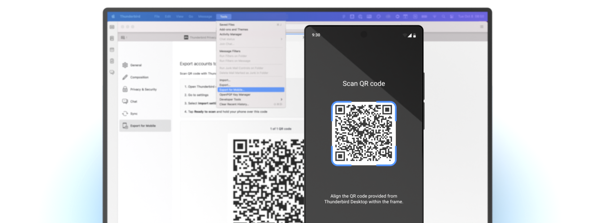 Two QR codes are shown, one on a mobile device and another in the distance on a desktop.